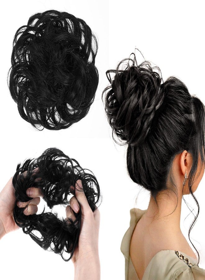 Bremorou Messy Bun Hair Piece, Fake Hair Bun Messy Scrunchies Wavy Curly Chignon Ponytail Extensions Synthetic Thick Tousled Updo Thick Updo Hairpiece For Daily Wear Real Ponytail Extension(Black) - Image 1